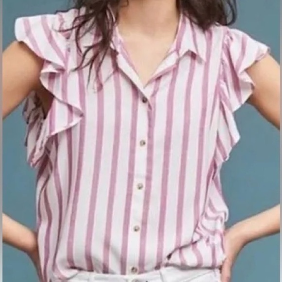 Anthropologie Maeve Fairhope Striped Button Down Flutter Blouse in Pink - Picture 1 of 14